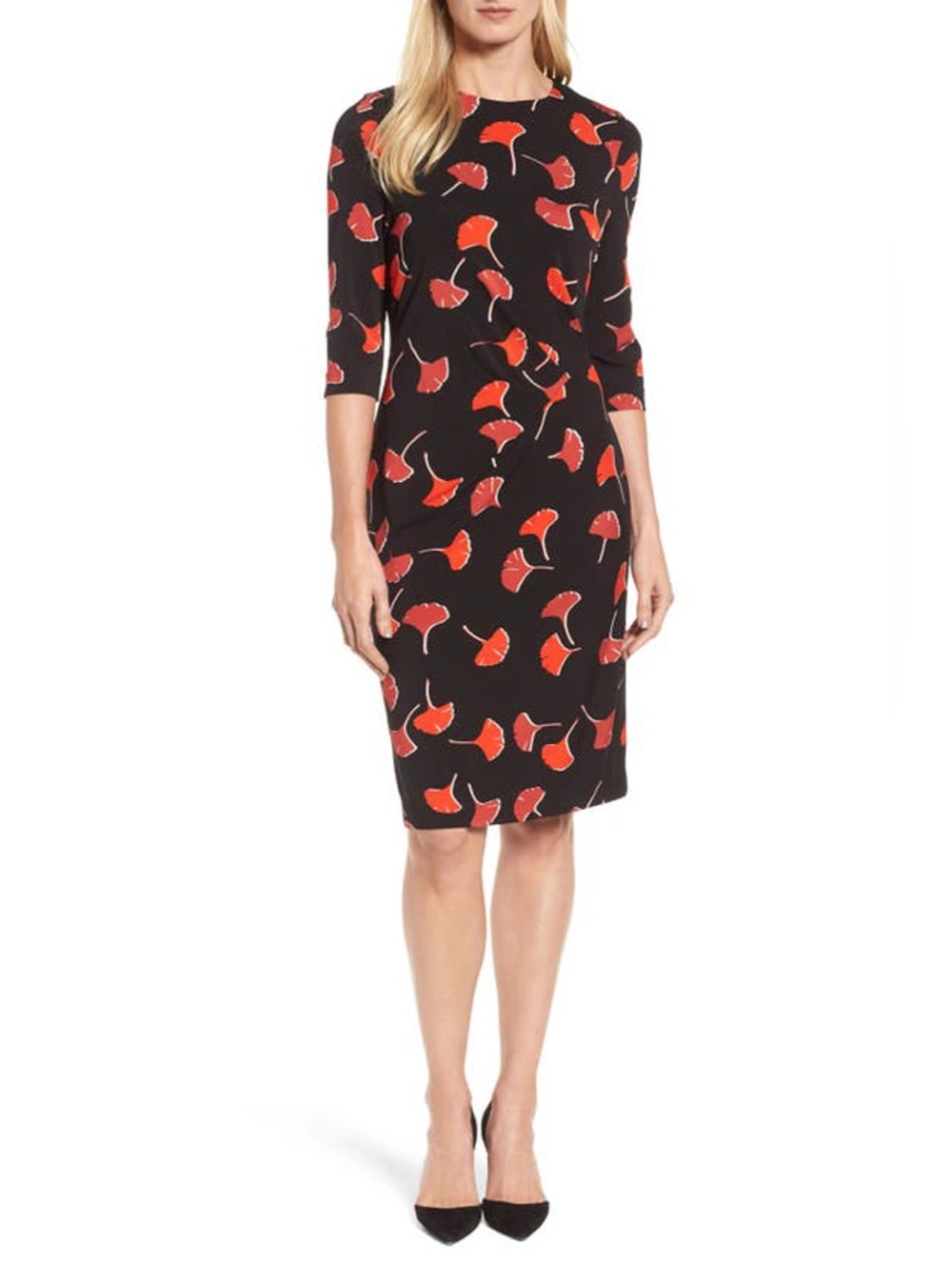 Hugo Boss Eseona Dress M Black Red Ginkgo Leaf Print Ruched Sheath Womens